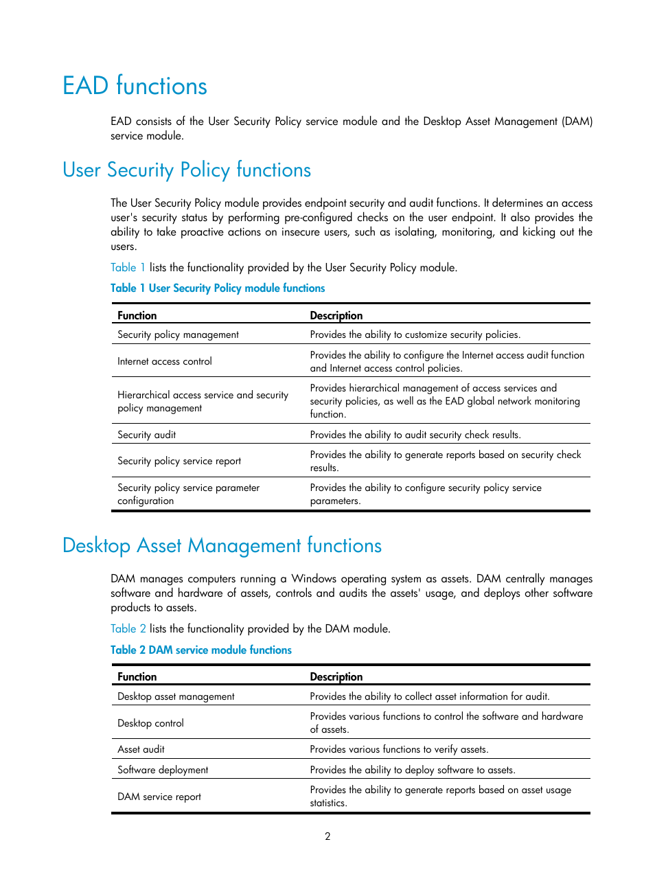 Ead functions, User security policy functions, Desktop asset management functions | H3C Technologies H3C Intelligent Management Center User Manual | Page 18 / 327