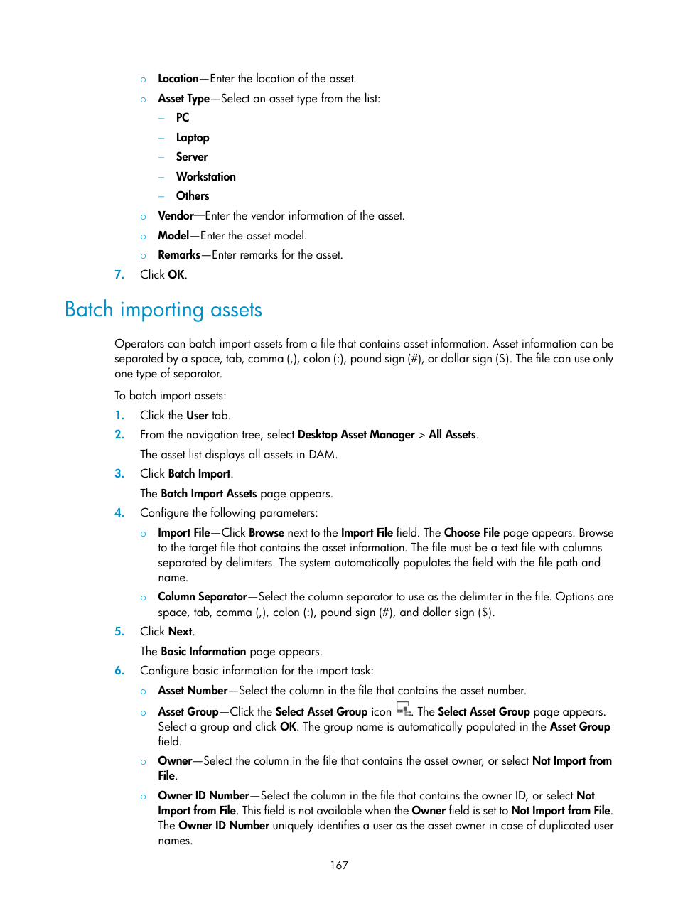 Batch importing assets | H3C Technologies H3C Intelligent Management Center User Manual | Page 183 / 327