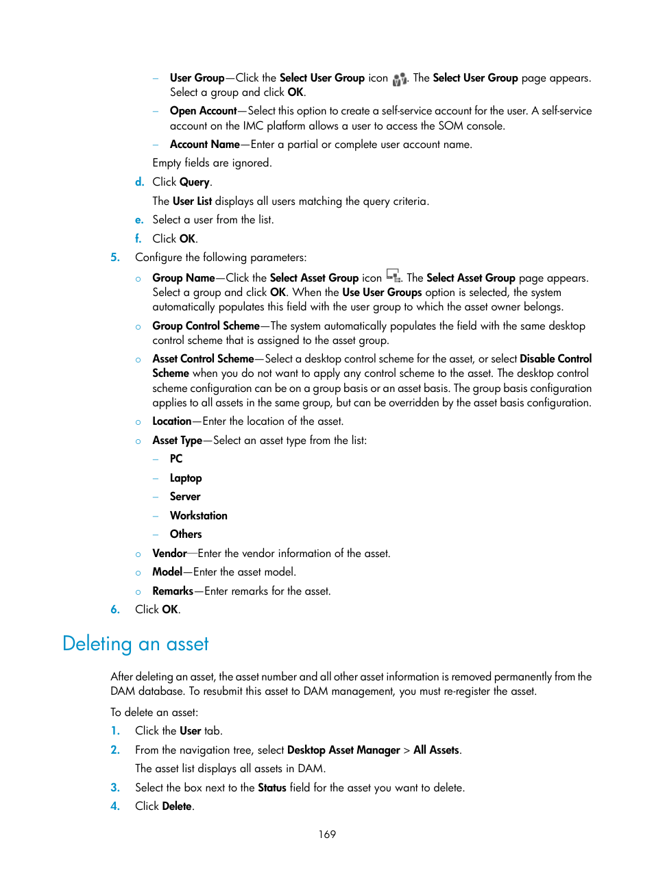 Deleting an asset | H3C Technologies H3C Intelligent Management Center User Manual | Page 185 / 327