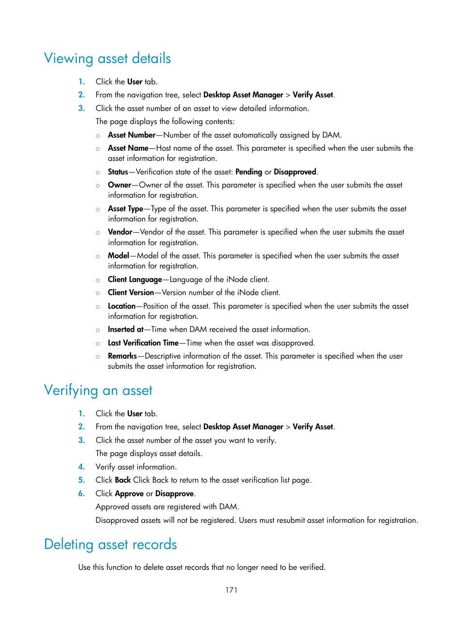 Viewing asset details, Verifying an asset, Deleting asset records | H3C Technologies H3C Intelligent Management Center User Manual | Page 187 / 327