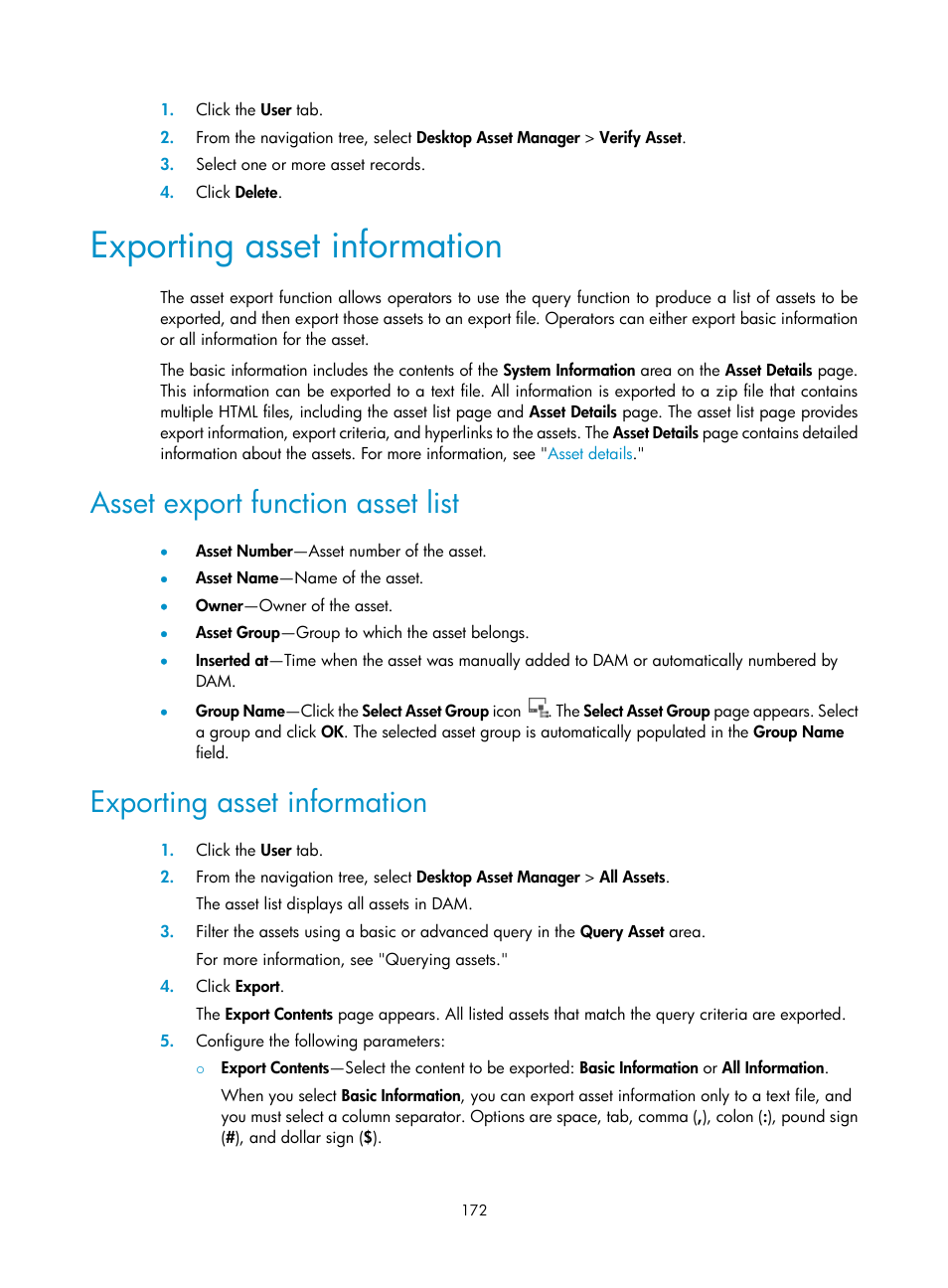 Exporting asset information, Asset export function asset list | H3C Technologies H3C Intelligent Management Center User Manual | Page 188 / 327