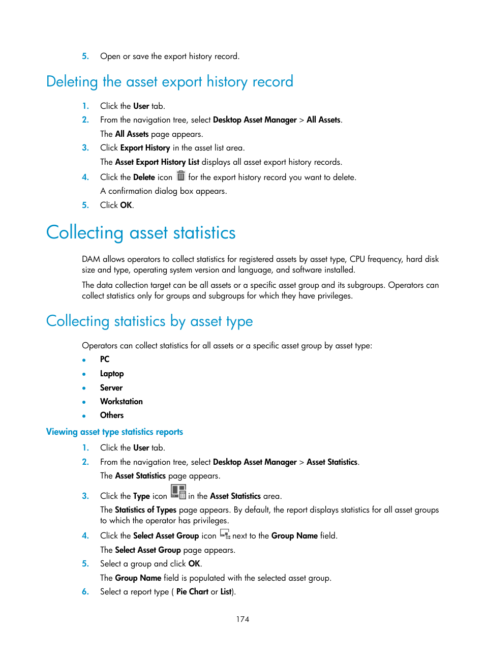 Deleting the asset export history record, Collecting asset statistics, Collecting statistics by asset type | Viewing asset type statistics reports | H3C Technologies H3C Intelligent Management Center User Manual | Page 190 / 327