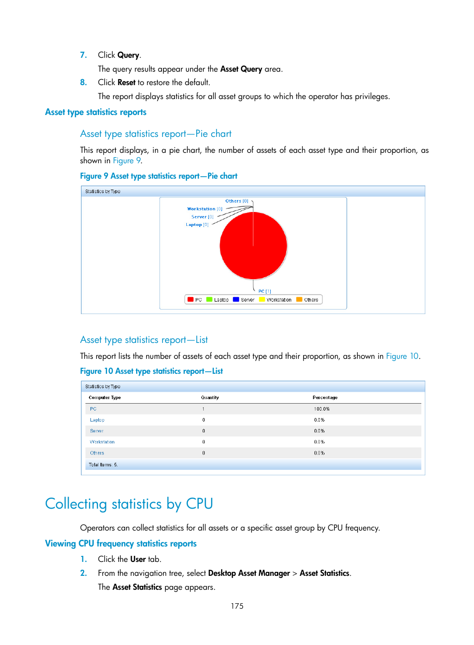 Asset type statistics reports, Asset type statistics report—pie chart, Asset type statistics report—list | Collecting statistics by cpu, Viewing cpu frequency statistics reports | H3C Technologies H3C Intelligent Management Center User Manual | Page 191 / 327