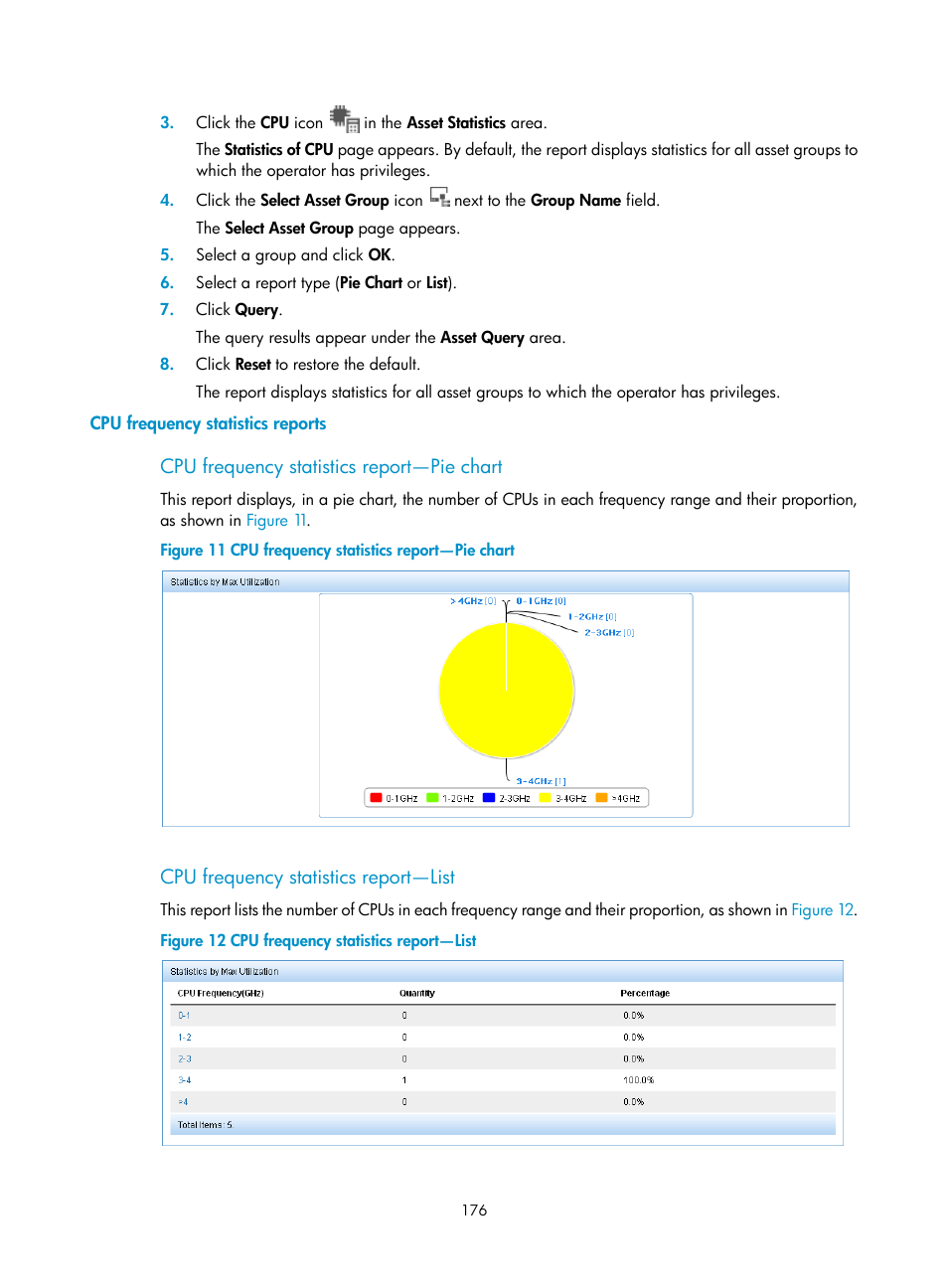 Cpu frequency statistics reports, Cpu frequency statistics report—pie chart, Cpu frequency statistics report—list | H3C Technologies H3C Intelligent Management Center User Manual | Page 192 / 327