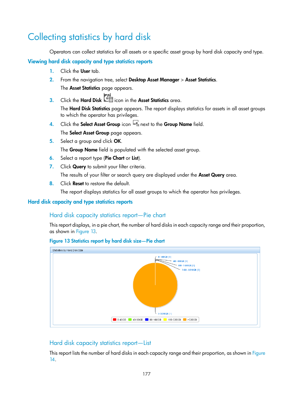 Collecting statistics by hard disk, Hard disk capacity and type statistics reports, Hard disk capacity statistics report—pie chart | Hard disk capacity statistics report—list | H3C Technologies H3C Intelligent Management Center User Manual | Page 193 / 327