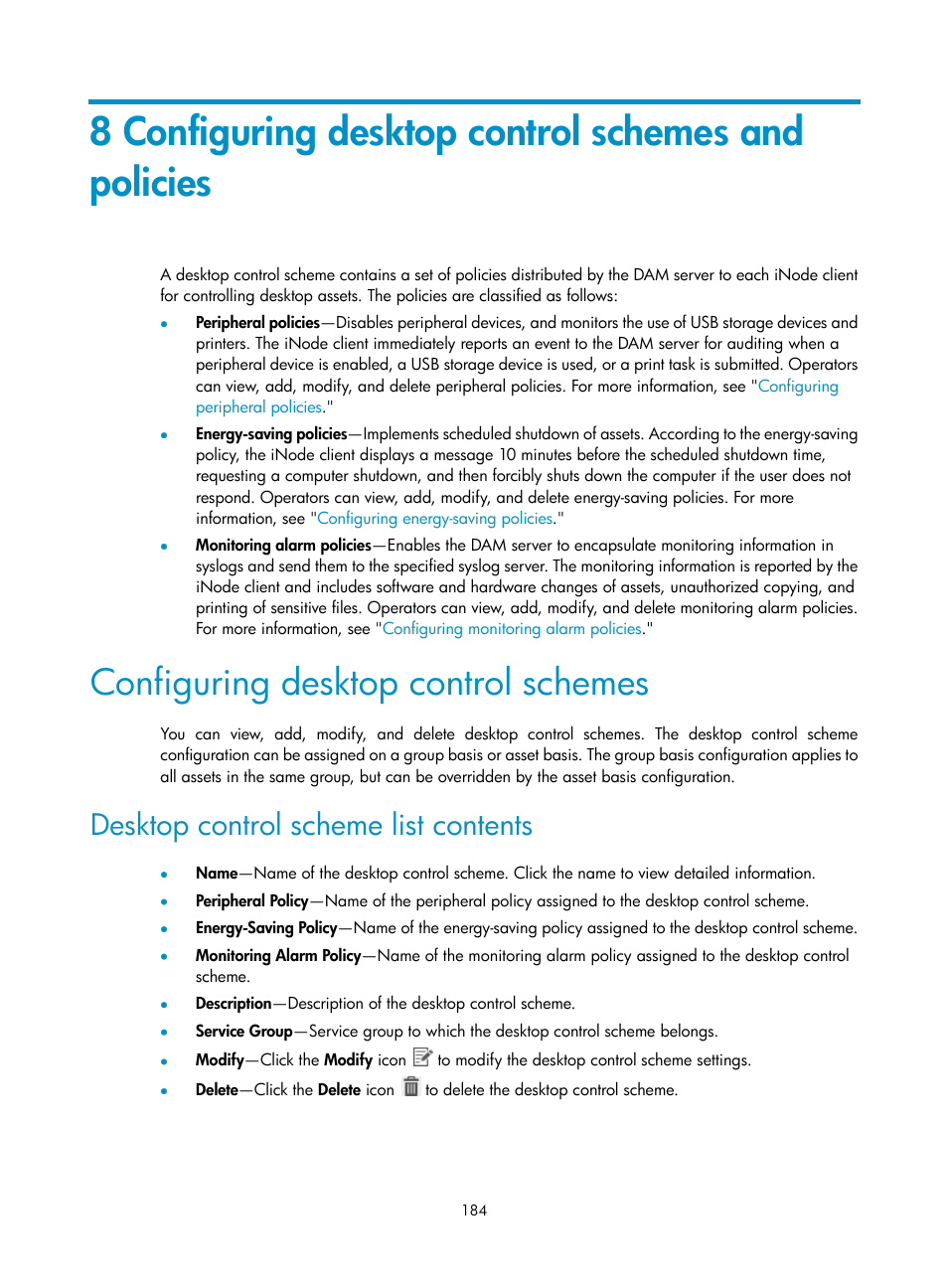 8 configuring desktop control schemes and policies, Configuring desktop control schemes, Desktop control scheme list contents | Configuring desktop control, Schemes | H3C Technologies H3C Intelligent Management Center User Manual | Page 200 / 327