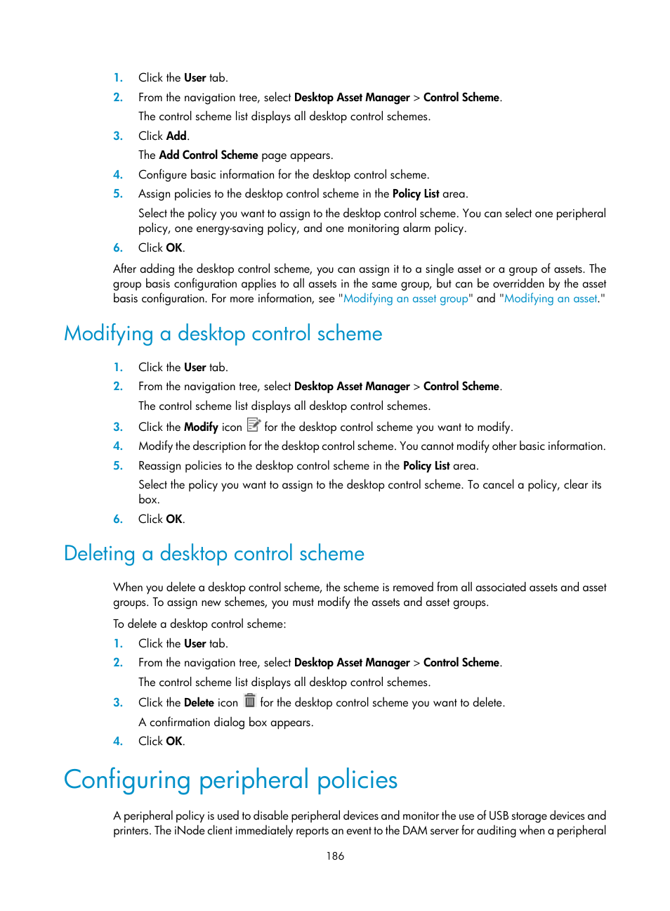 Modifying a desktop control scheme, Deleting a desktop control scheme, Configuring peripheral policies | Configuring, Peripheral policies | H3C Technologies H3C Intelligent Management Center User Manual | Page 202 / 327