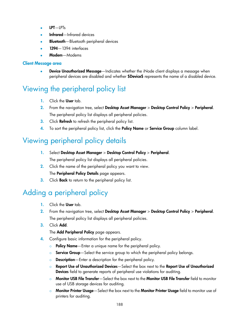 Client message area, Viewing the peripheral policy list, Viewing peripheral policy details | Adding a peripheral policy | H3C Technologies H3C Intelligent Management Center User Manual | Page 204 / 327