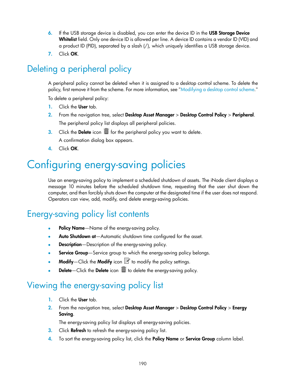 Deleting a peripheral policy, Configuring energy-saving policies, Energy-saving policy list contents | Viewing the energy-saving policy list | H3C Technologies H3C Intelligent Management Center User Manual | Page 206 / 327