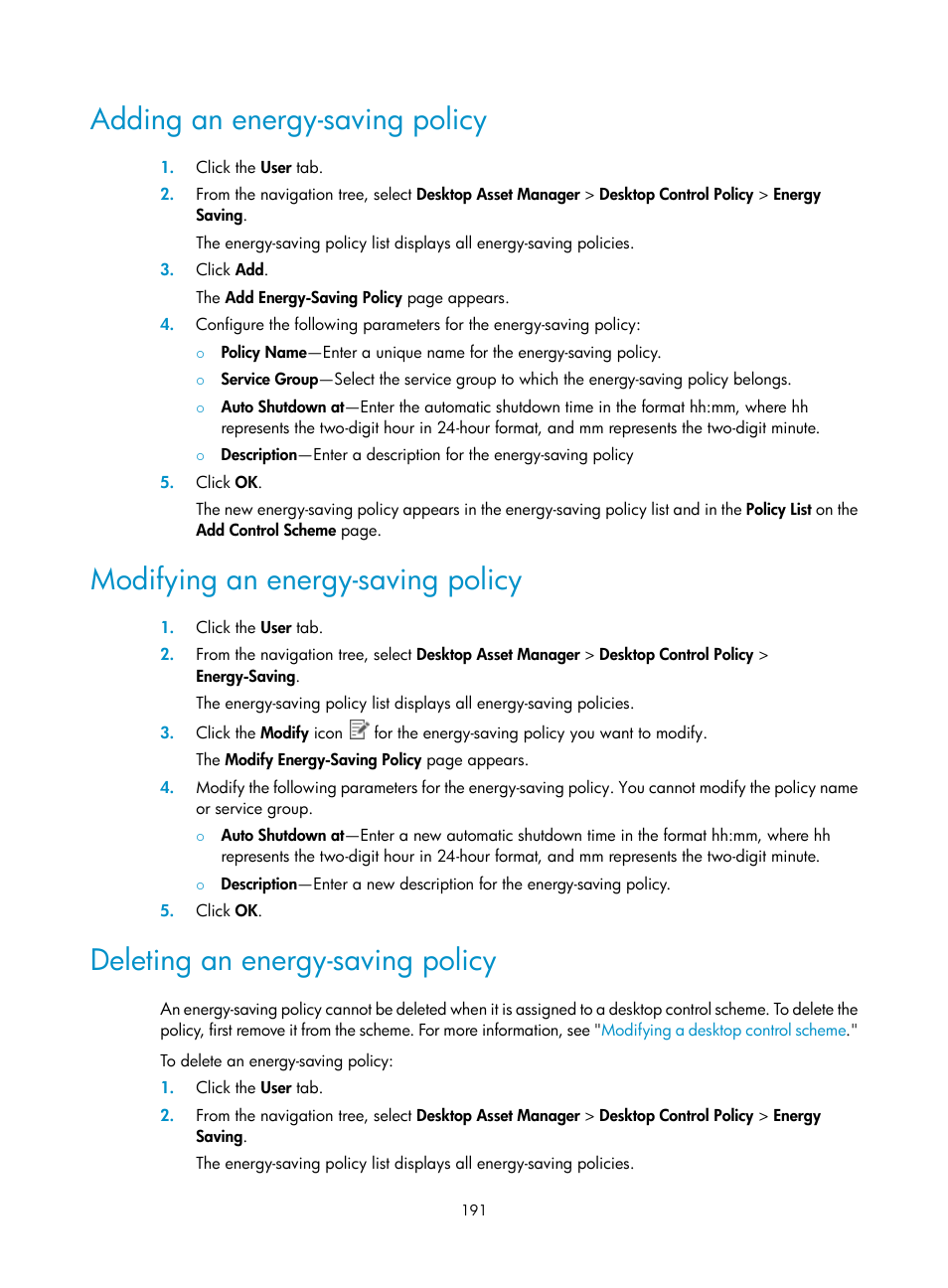 Adding an energy-saving policy, Modifying an energy-saving policy, Deleting an energy-saving policy | Adding an, Energy-saving policy | H3C Technologies H3C Intelligent Management Center User Manual | Page 207 / 327