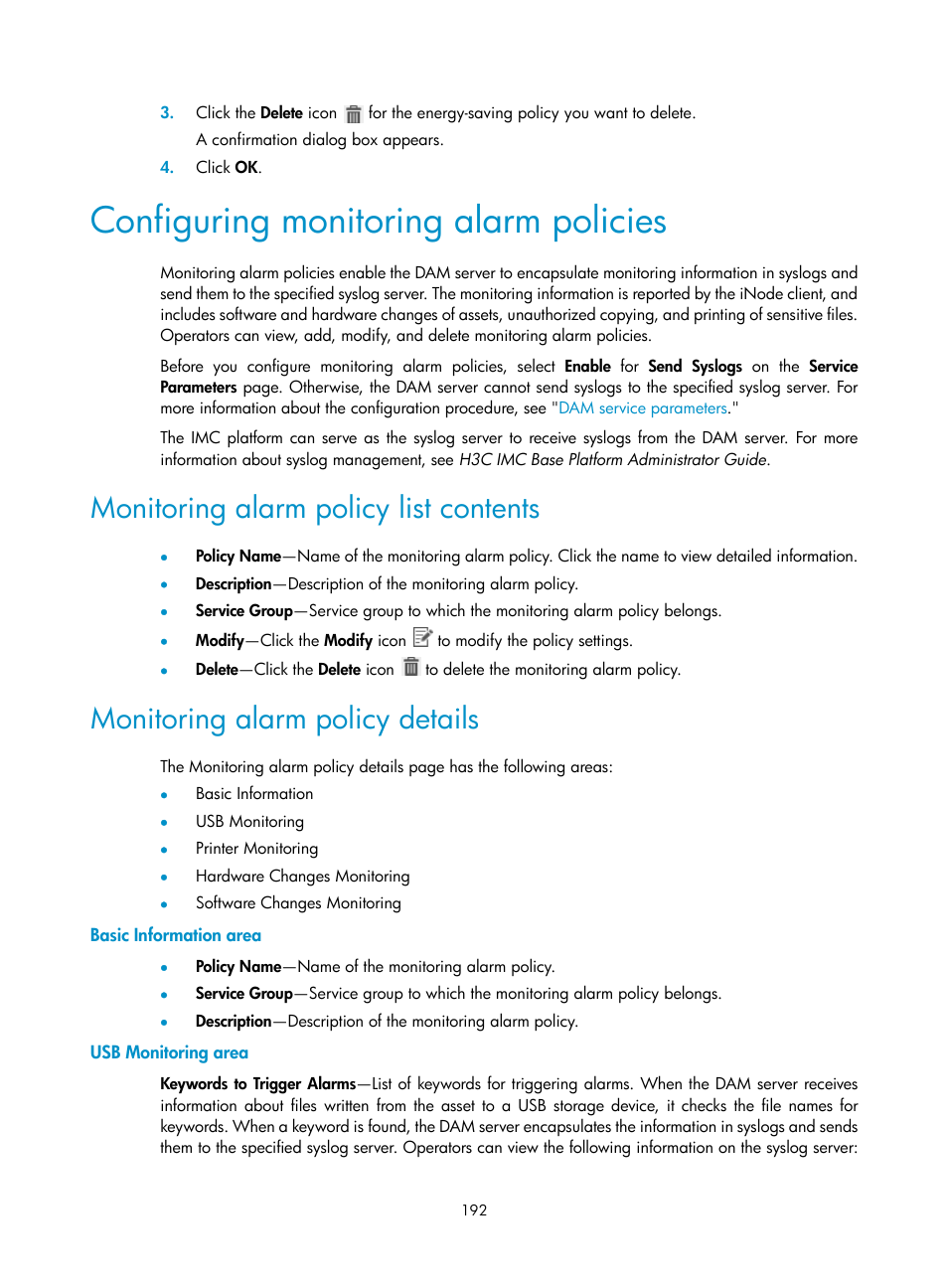 Configuring monitoring alarm policies, Monitoring alarm policy list contents, Monitoring alarm policy details | Basic information area, Usb monitoring area | H3C Technologies H3C Intelligent Management Center User Manual | Page 208 / 327