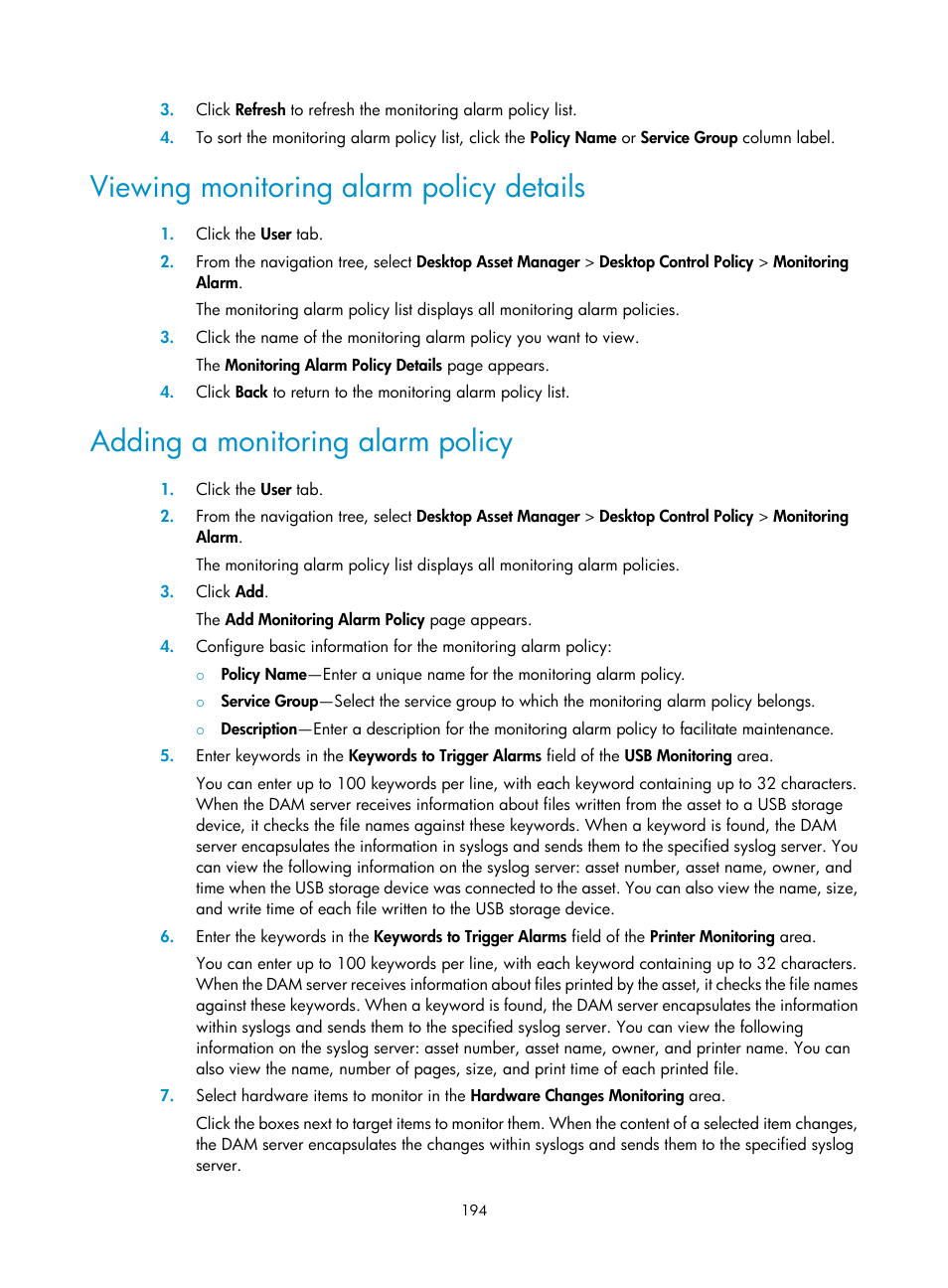 Viewing monitoring alarm policy details, Adding a monitoring alarm policy | H3C Technologies H3C Intelligent Management Center User Manual | Page 210 / 327