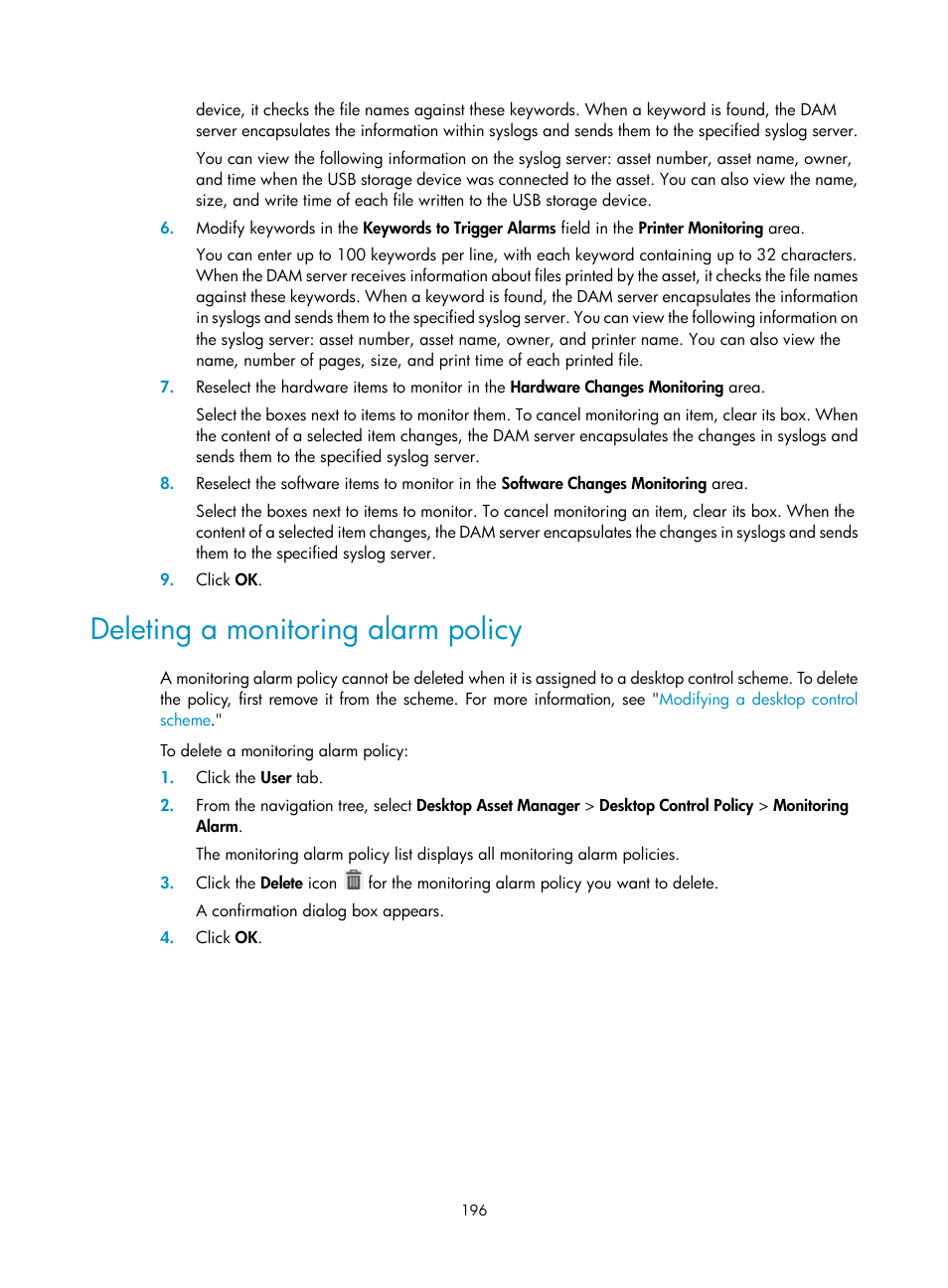 Deleting a monitoring alarm policy | H3C Technologies H3C Intelligent Management Center User Manual | Page 212 / 327