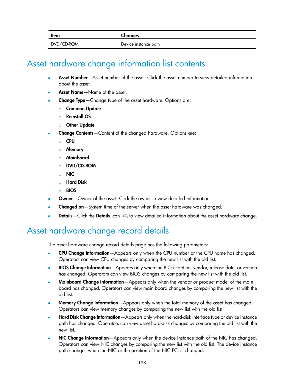 Asset hardware change information list contents, Asset hardware change record details | H3C Technologies H3C Intelligent Management Center User Manual | Page 214 / 327