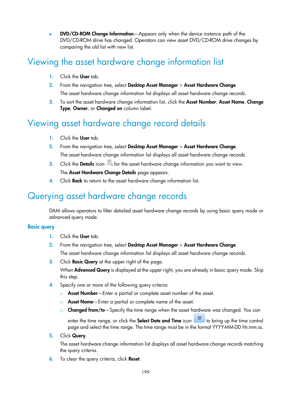 Viewing the asset hardware change information list, Viewing asset hardware change record details, Querying asset hardware change records | Basic query | H3C Technologies H3C Intelligent Management Center User Manual | Page 215 / 327
