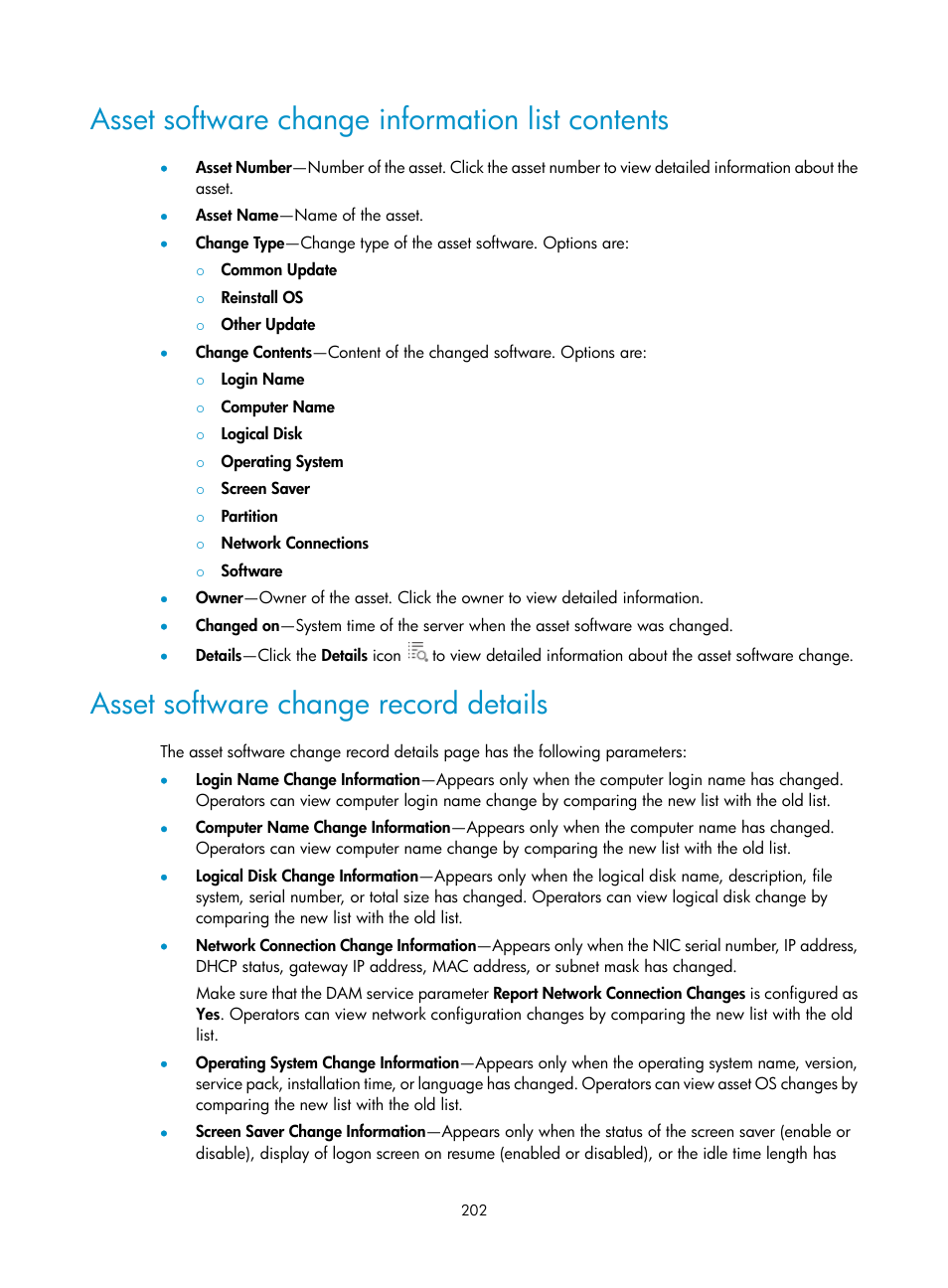 Asset software change information list contents, Asset software change record details | H3C Technologies H3C Intelligent Management Center User Manual | Page 218 / 327