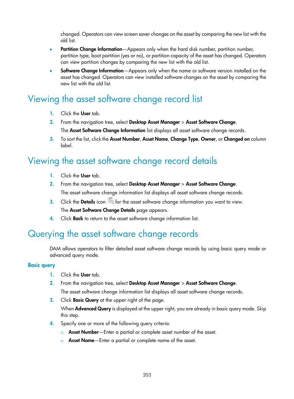 Viewing the asset software change record list, Viewing the asset software change record details, Querying the asset software change records | Basic query | H3C Technologies H3C Intelligent Management Center User Manual | Page 219 / 327