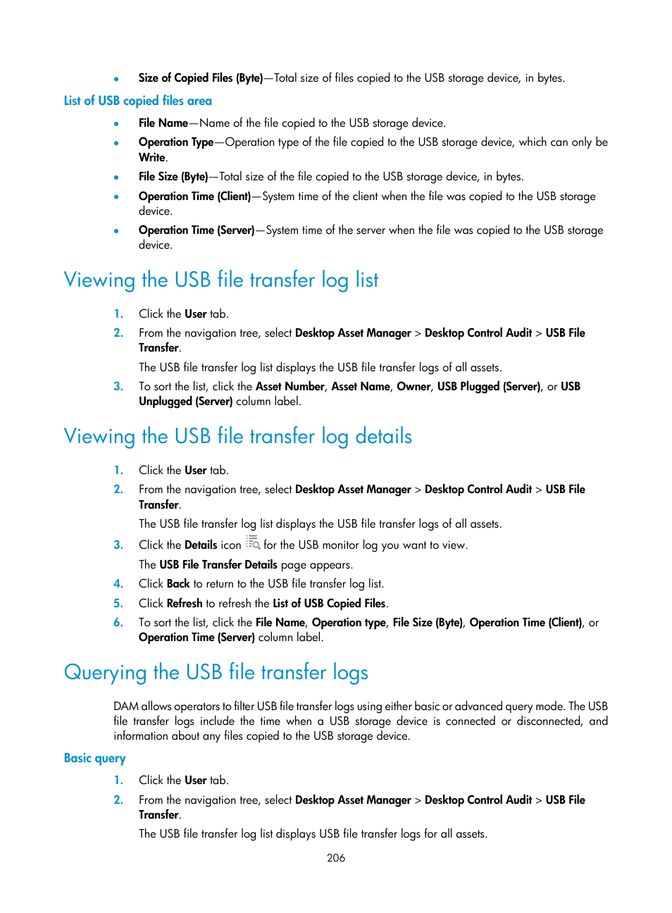 List of usb copied files area, Viewing the usb file transfer log list, Viewing the usb file transfer log details | Querying the usb file transfer logs, Basic query | H3C Technologies H3C Intelligent Management Center User Manual | Page 222 / 327