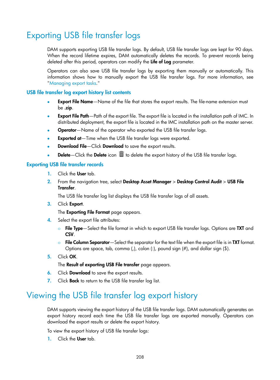 Exporting usb file transfer logs, Usb file transfer log export history list contents, Exporting usb file transfer records | Viewing the usb file transfer log export history | H3C Technologies H3C Intelligent Management Center User Manual | Page 224 / 327