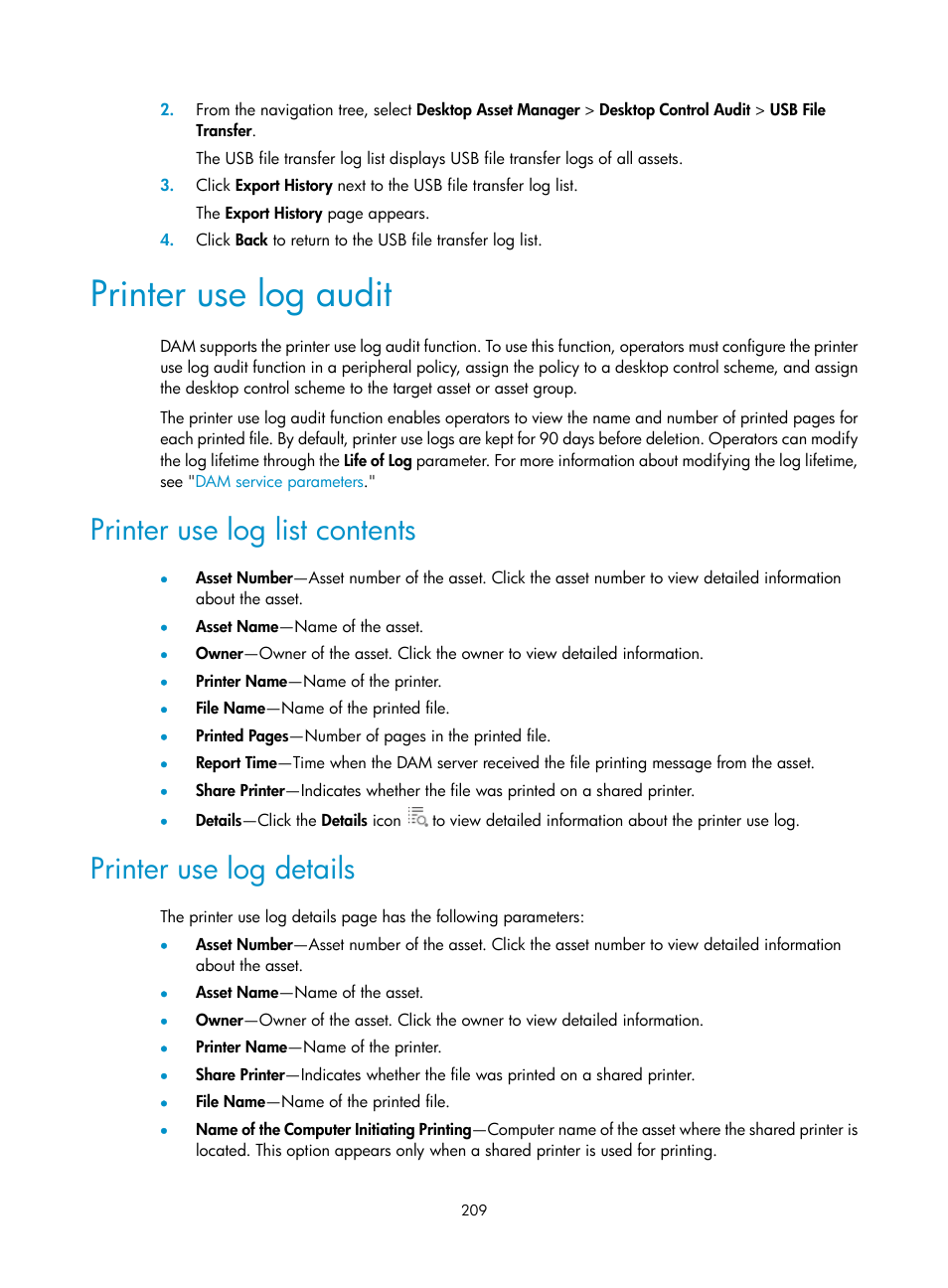 Printer use log audit, Printer use log list contents, Printer use log details | H3C Technologies H3C Intelligent Management Center User Manual | Page 225 / 327
