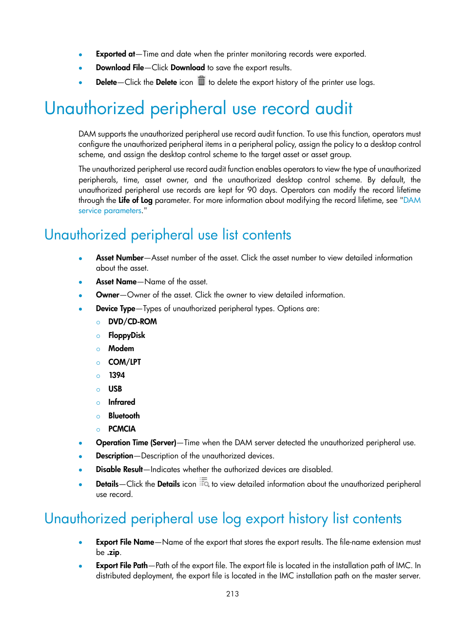 Unauthorized peripheral use record audit, Unauthorized peripheral use list contents, Unauthorized | Peripheral use record audit | H3C Technologies H3C Intelligent Management Center User Manual | Page 229 / 327