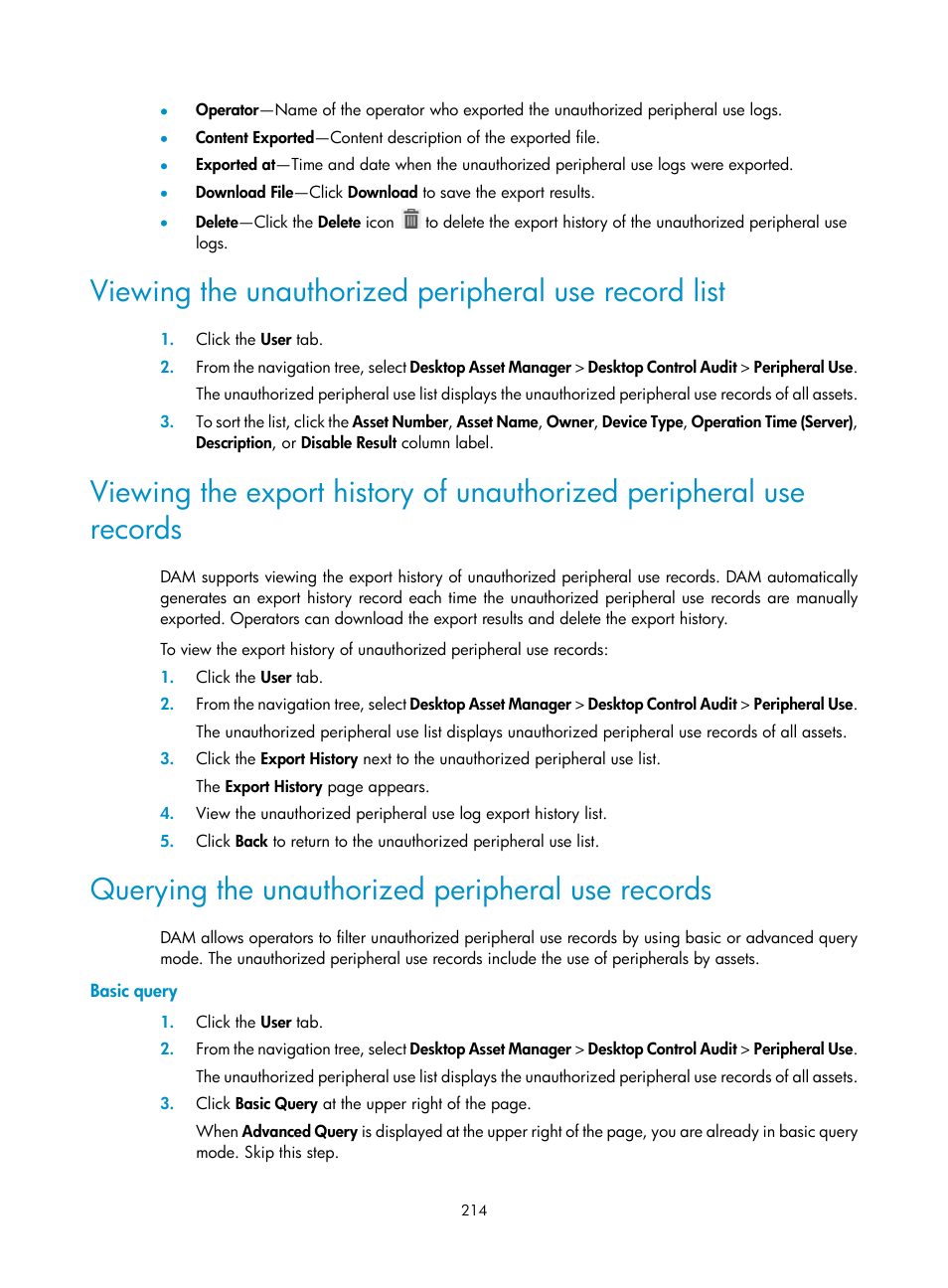 Querying the unauthorized peripheral use records, Basic query | H3C Technologies H3C Intelligent Management Center User Manual | Page 230 / 327