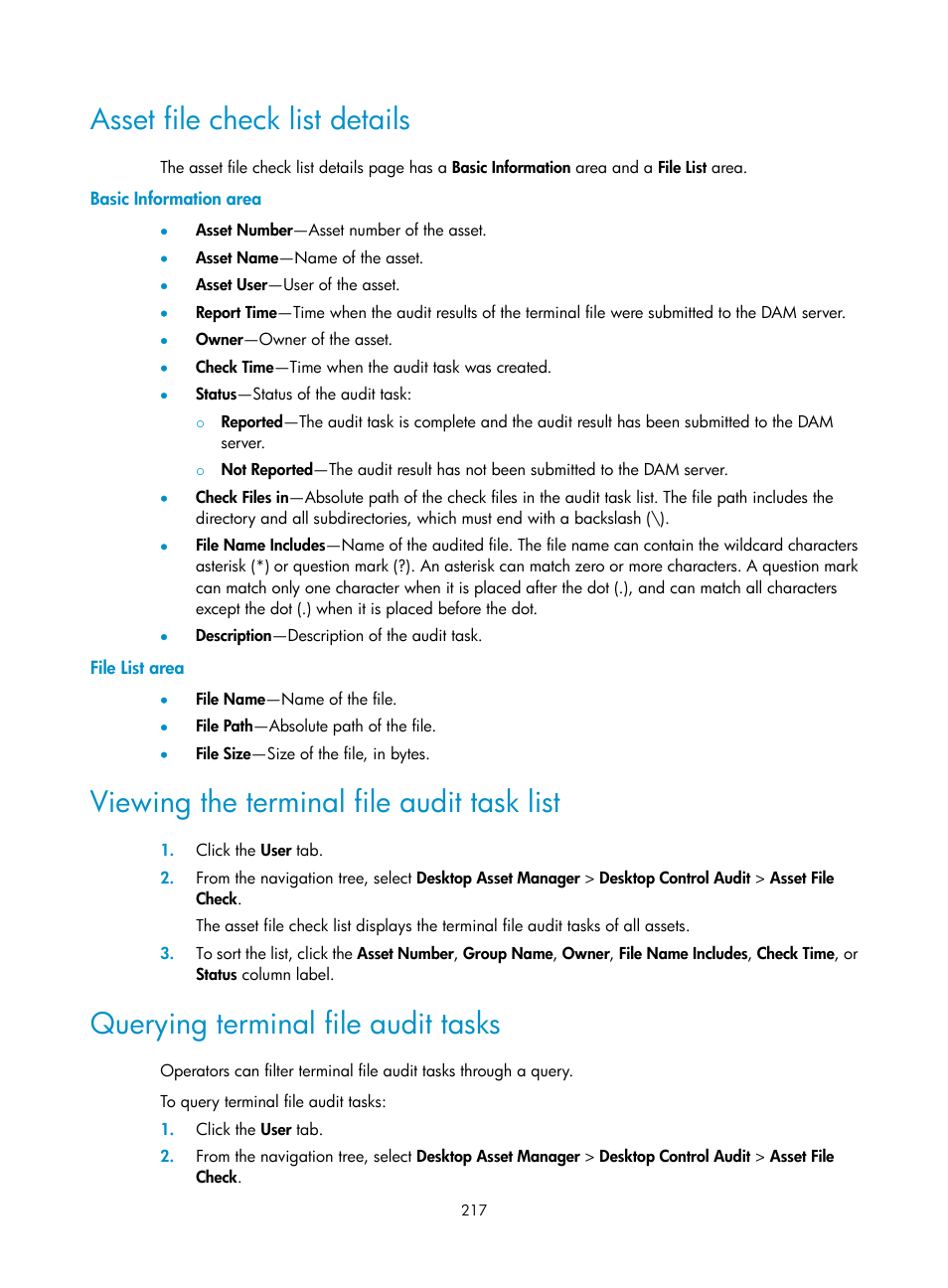 Asset file check list details, Basic information area, File list area | Viewing the terminal file audit task list, Querying terminal file audit tasks | H3C Technologies H3C Intelligent Management Center User Manual | Page 233 / 327