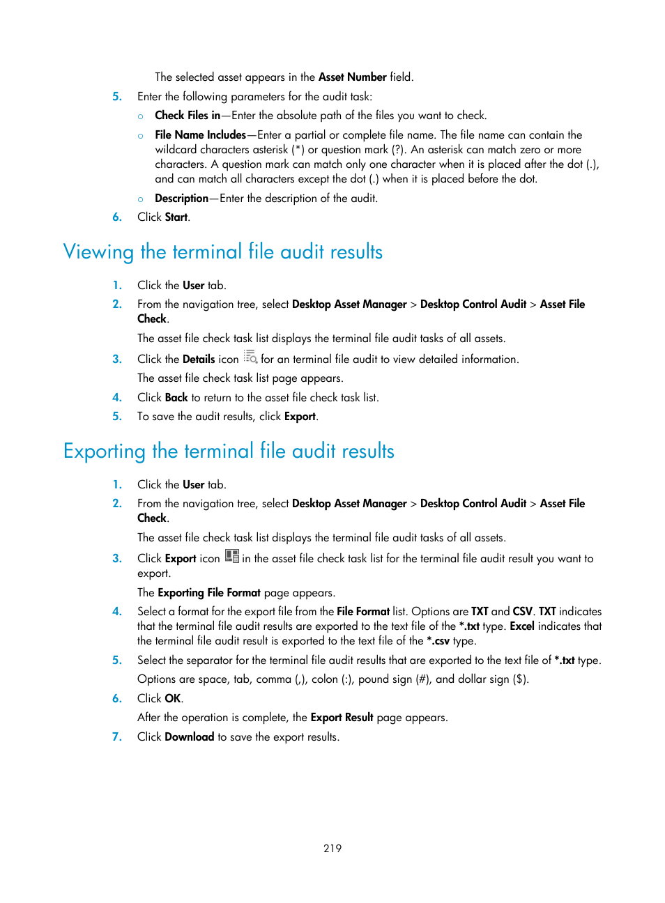 Viewing the terminal file audit results, Exporting the terminal file audit results | H3C Technologies H3C Intelligent Management Center User Manual | Page 235 / 327