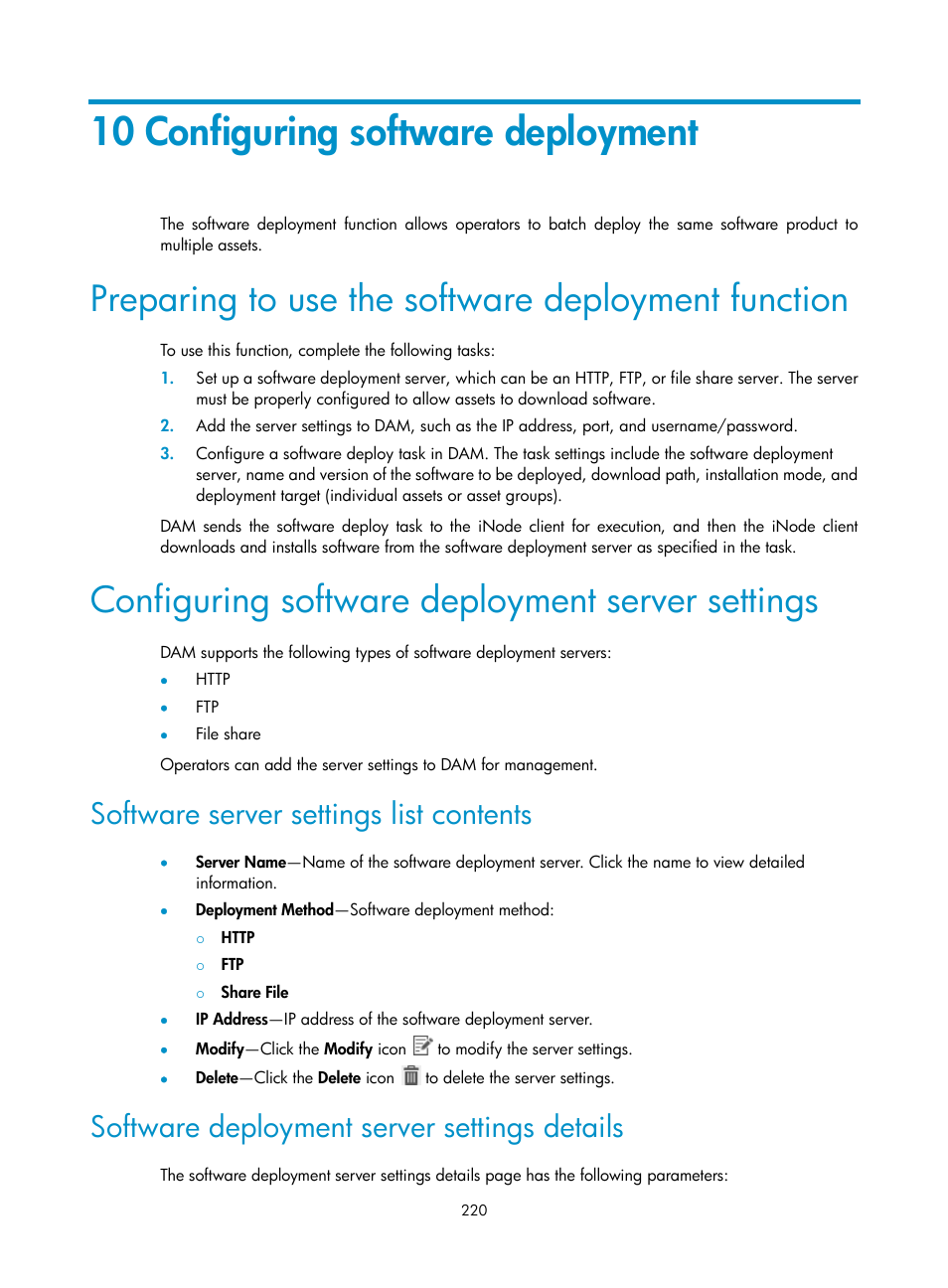 10 configuring software deployment, Preparing to use the software deployment function, Configuring software deployment server settings | Software server settings list contents, Software deployment server settings details | H3C Technologies H3C Intelligent Management Center User Manual | Page 236 / 327