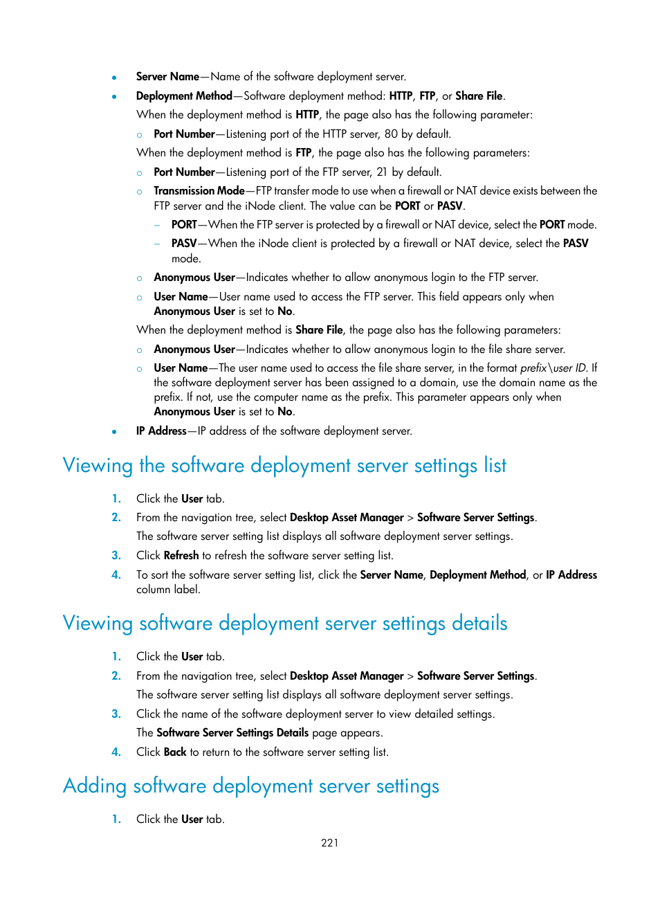 Adding software deployment server settings | H3C Technologies H3C Intelligent Management Center User Manual | Page 237 / 327