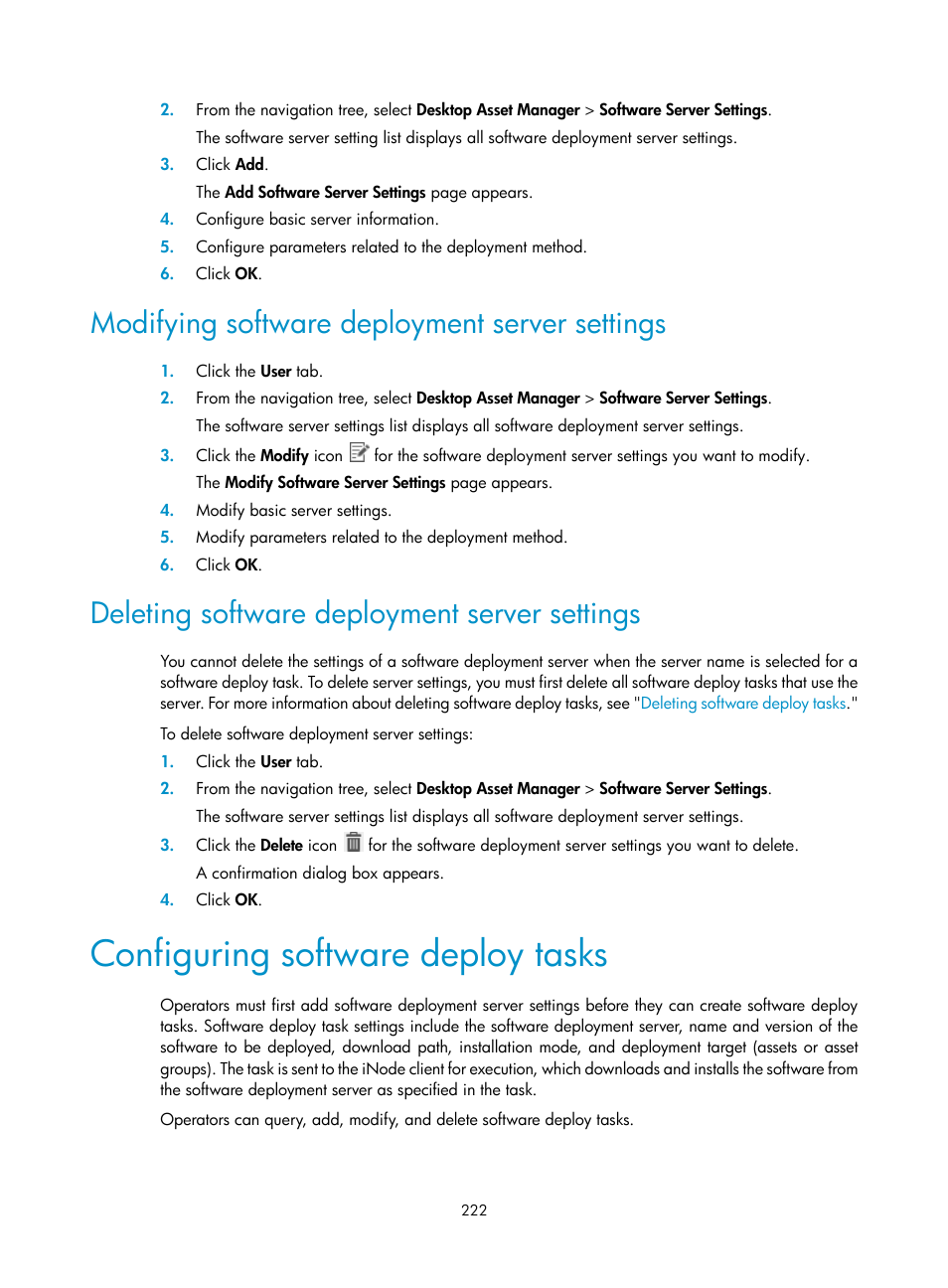 Modifying software deployment server settings, Deleting software deployment server settings, Configuring software deploy tasks | H3C Technologies H3C Intelligent Management Center User Manual | Page 238 / 327