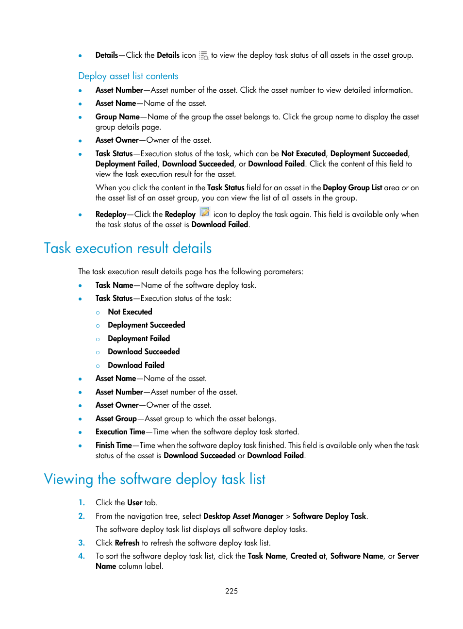 Deploy asset list contents, Task execution result details, Viewing the software deploy task list | H3C Technologies H3C Intelligent Management Center User Manual | Page 241 / 327