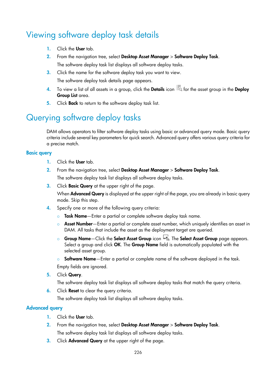 Viewing software deploy task details, Querying software deploy tasks, Basic query | Advanced query | H3C Technologies H3C Intelligent Management Center User Manual | Page 242 / 327