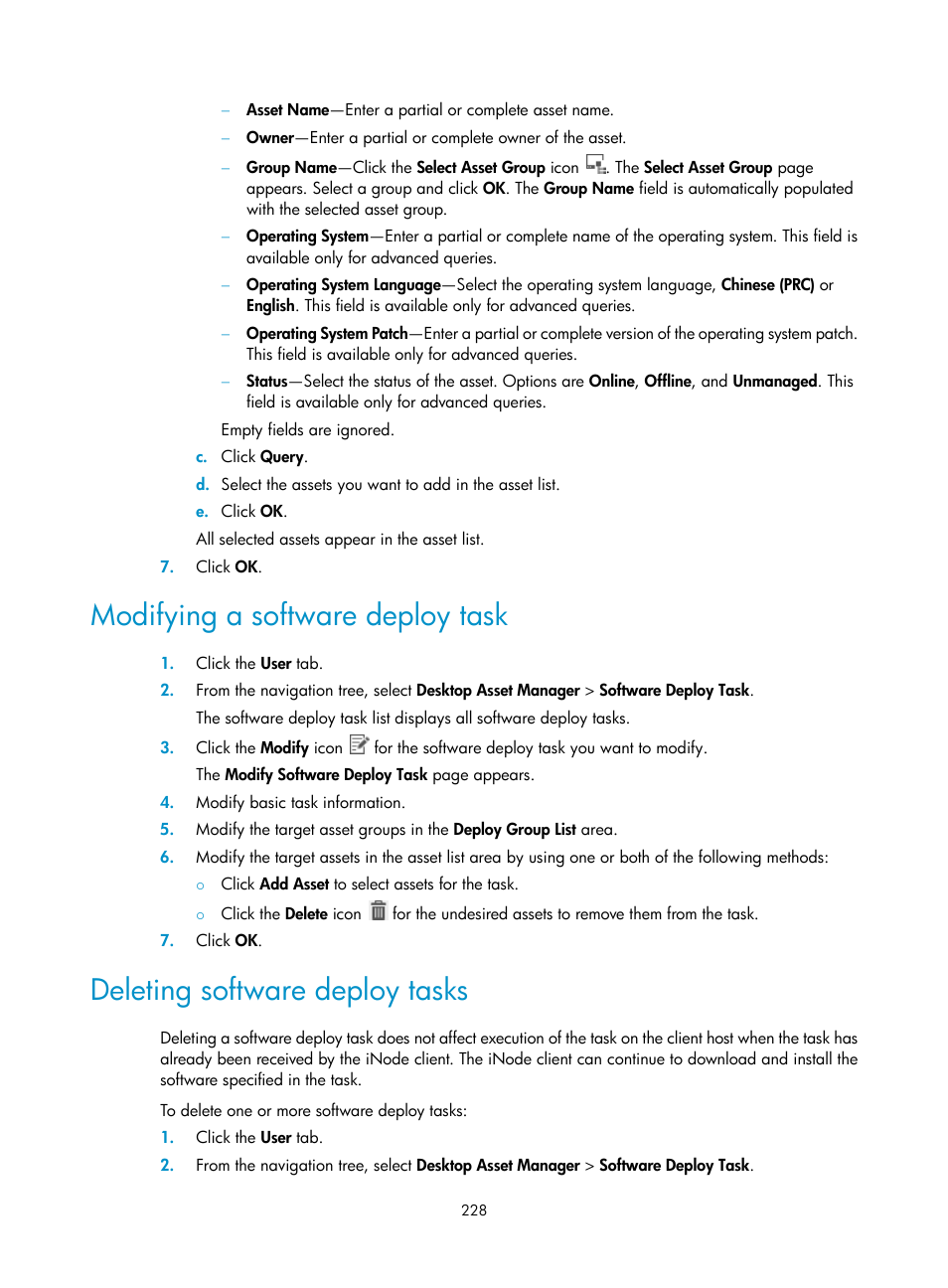 Modifying a software deploy task, Deleting software deploy tasks | H3C Technologies H3C Intelligent Management Center User Manual | Page 244 / 327