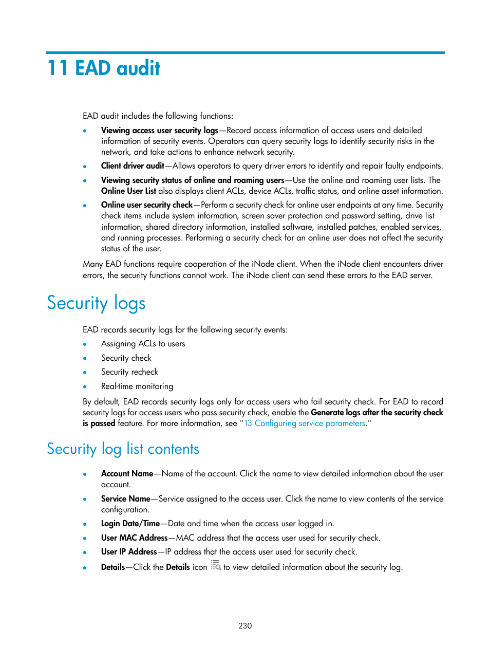 11 ead audit, Security logs, Security log list contents | H3C Technologies H3C Intelligent Management Center User Manual | Page 246 / 327