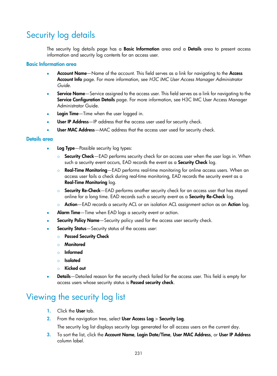 Security log details, Basic information area, Details area | Viewing the security log list | H3C Technologies H3C Intelligent Management Center User Manual | Page 247 / 327