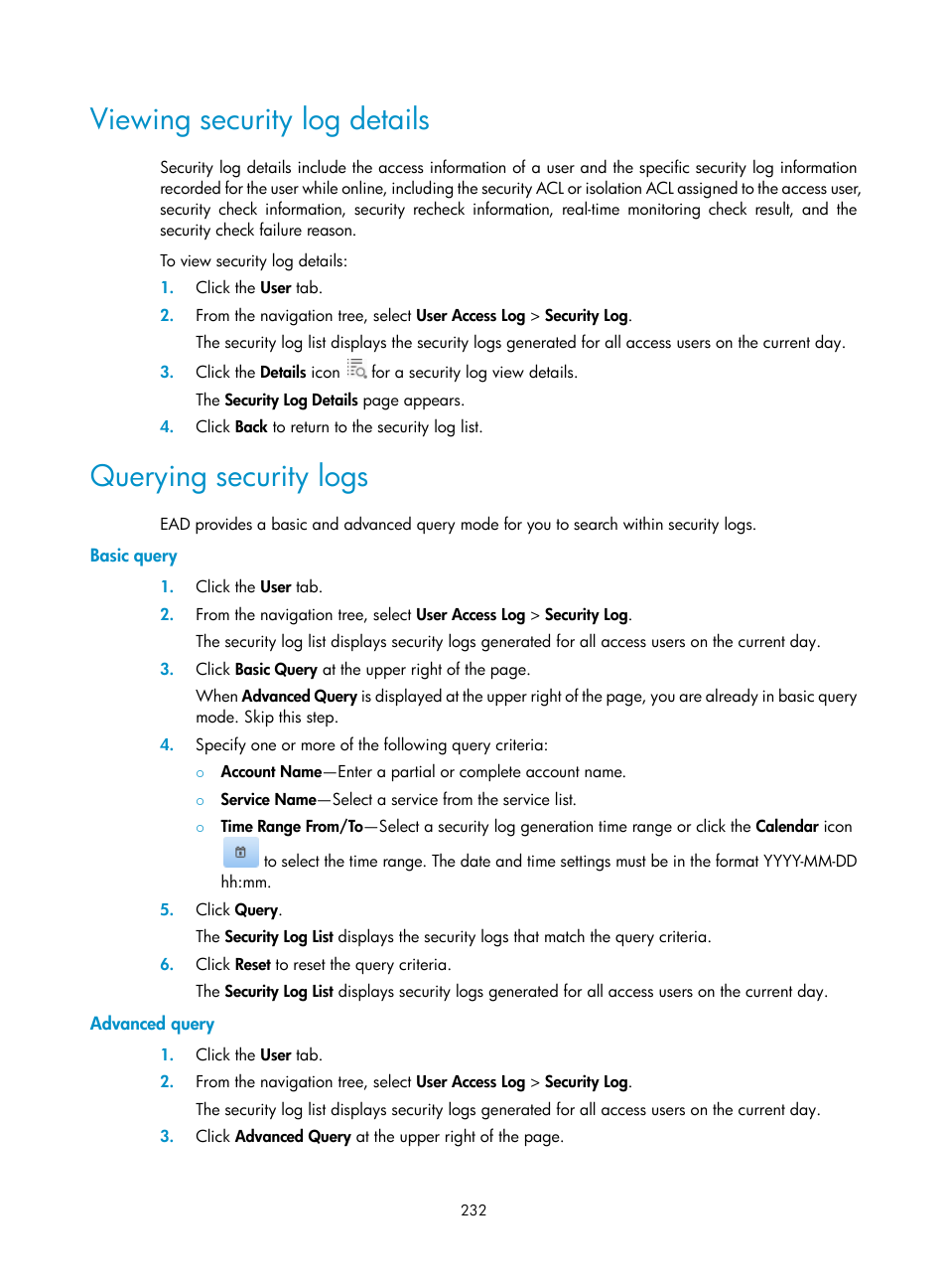 Viewing security log details, Querying security logs, Basic query | Advanced query | H3C Technologies H3C Intelligent Management Center User Manual | Page 248 / 327