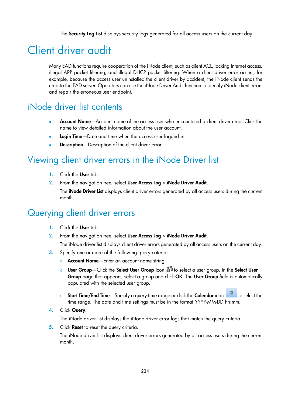 Client driver audit, Inode driver list contents, Querying client driver errors | H3C Technologies H3C Intelligent Management Center User Manual | Page 250 / 327