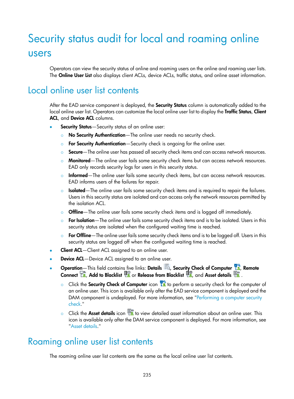 Local online user list contents, Roaming online user list contents | H3C Technologies H3C Intelligent Management Center User Manual | Page 251 / 327