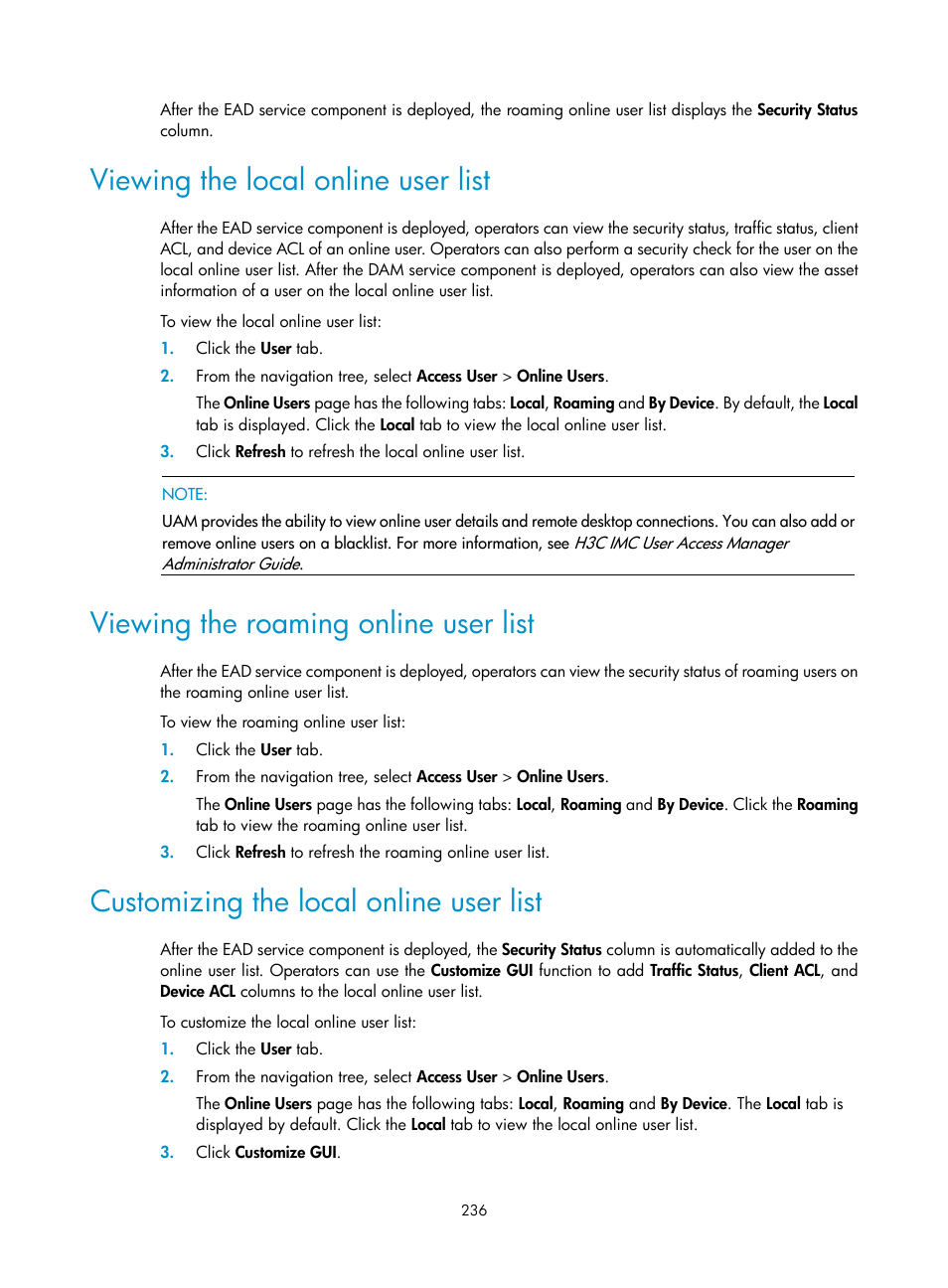 Viewing the local online user list, Viewing the roaming online user list, Customizing the local online user list | H3C Technologies H3C Intelligent Management Center User Manual | Page 252 / 327
