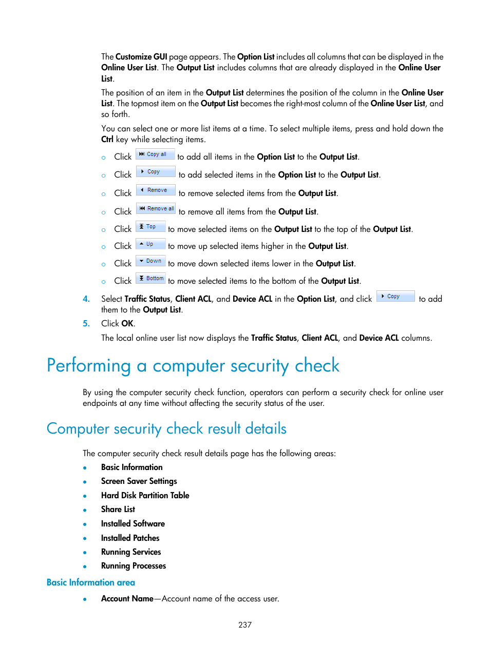Performing a computer security check, Computer security check result details, Basic information area | Performing a computer security, Check | H3C Technologies H3C Intelligent Management Center User Manual | Page 253 / 327