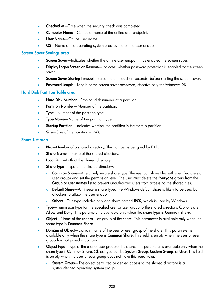 Screen saver settings area, Hard disk partition table area, Share list area | H3C Technologies H3C Intelligent Management Center User Manual | Page 254 / 327
