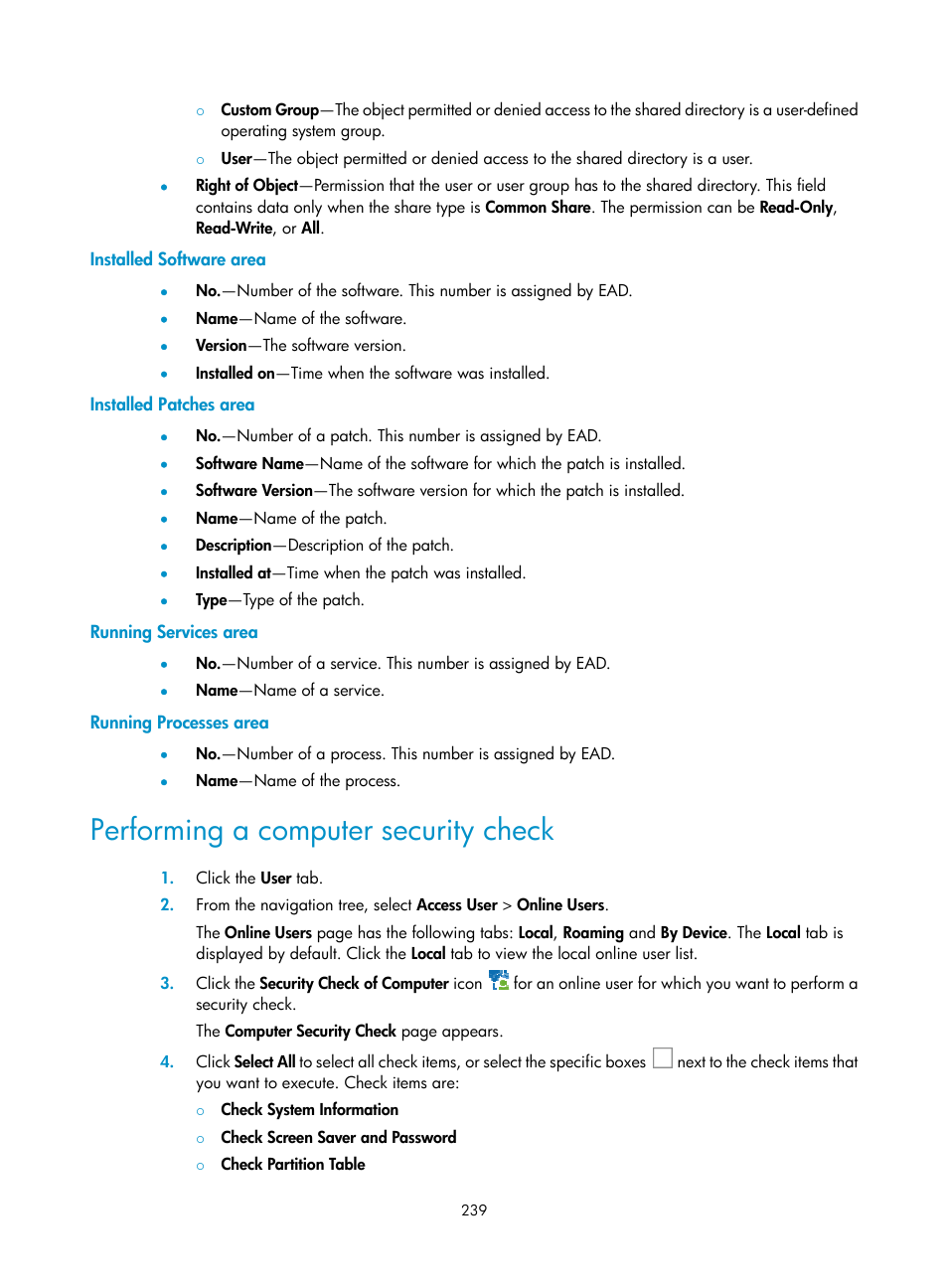 Installed software area, Installed patches area, Running services area | Running processes area, Performing a computer security check | H3C Technologies H3C Intelligent Management Center User Manual | Page 255 / 327
