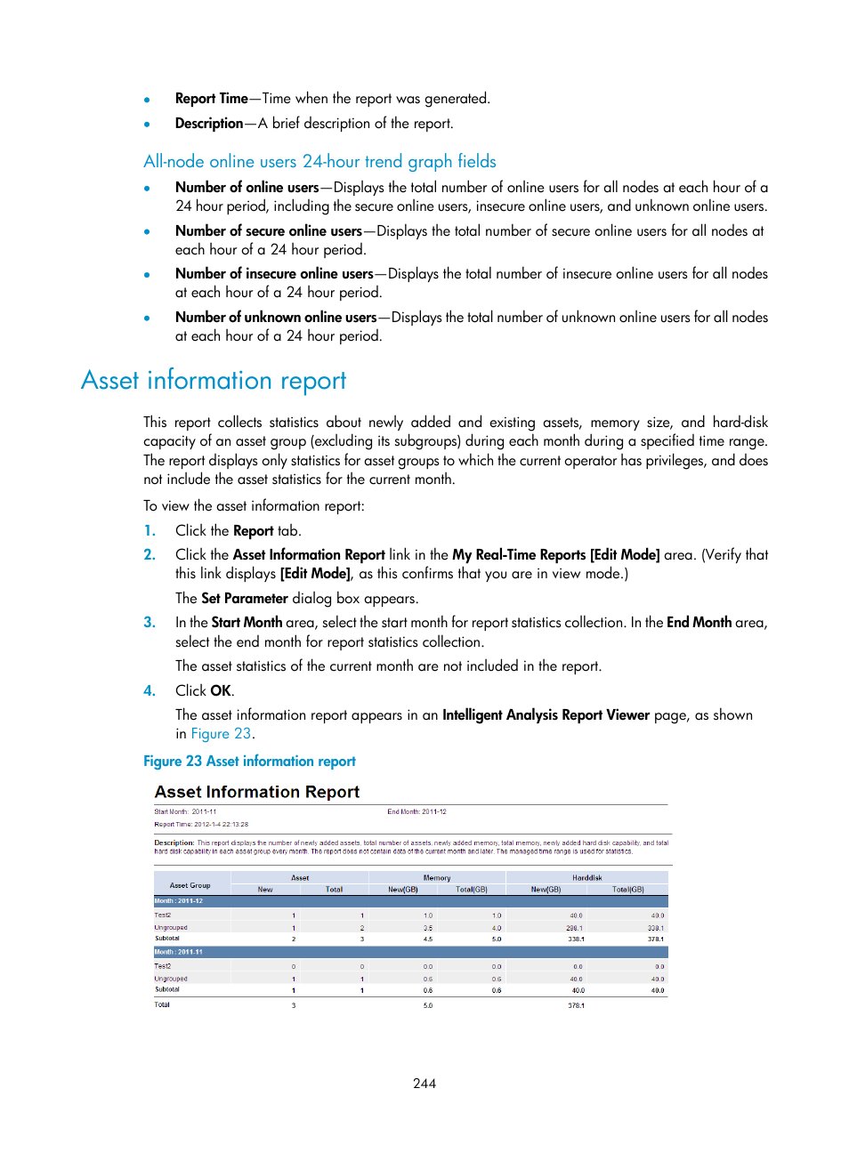 All-node online users 24-hour trend graph fields, Asset information report | H3C Technologies H3C Intelligent Management Center User Manual | Page 260 / 327