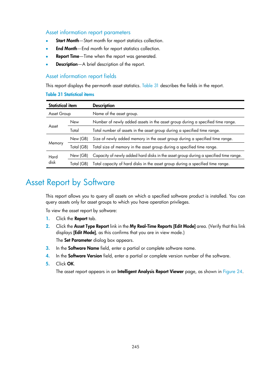 Asset information report parameters, Asset information report fields, Asset report by software | H3C Technologies H3C Intelligent Management Center User Manual | Page 261 / 327