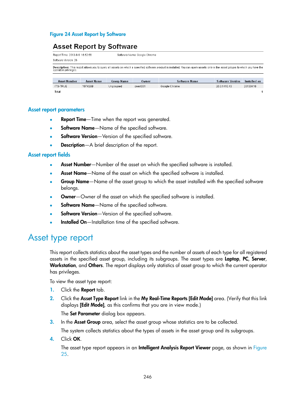 Asset report parameters, Asset report fields, Asset type report | Figure 24 | H3C Technologies H3C Intelligent Management Center User Manual | Page 262 / 327