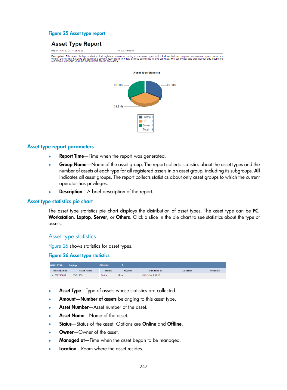 Asset type report parameters, Asset type statistics pie chart, Asset type statistics | H3C Technologies H3C Intelligent Management Center User Manual | Page 263 / 327