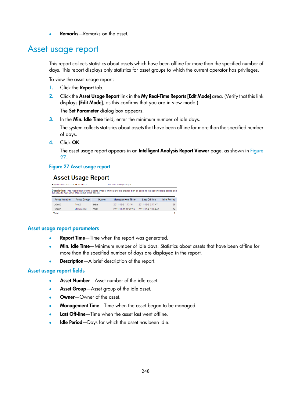Asset usage report, Asset usage report parameters, Asset usage report fields | H3C Technologies H3C Intelligent Management Center User Manual | Page 264 / 327
