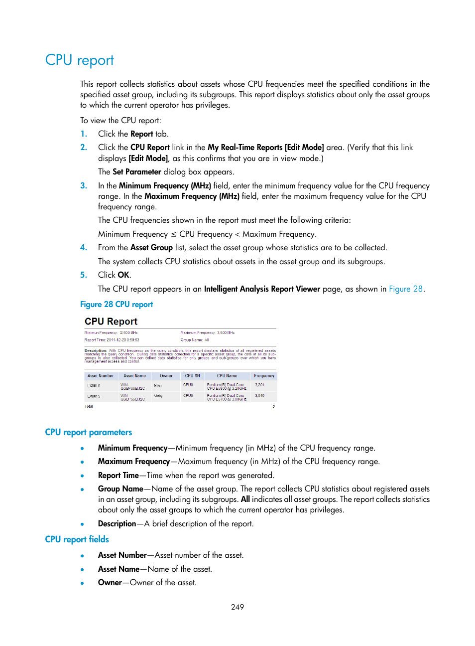 Cpu report, Cpu report parameters, Cpu report fields | H3C Technologies H3C Intelligent Management Center User Manual | Page 265 / 327