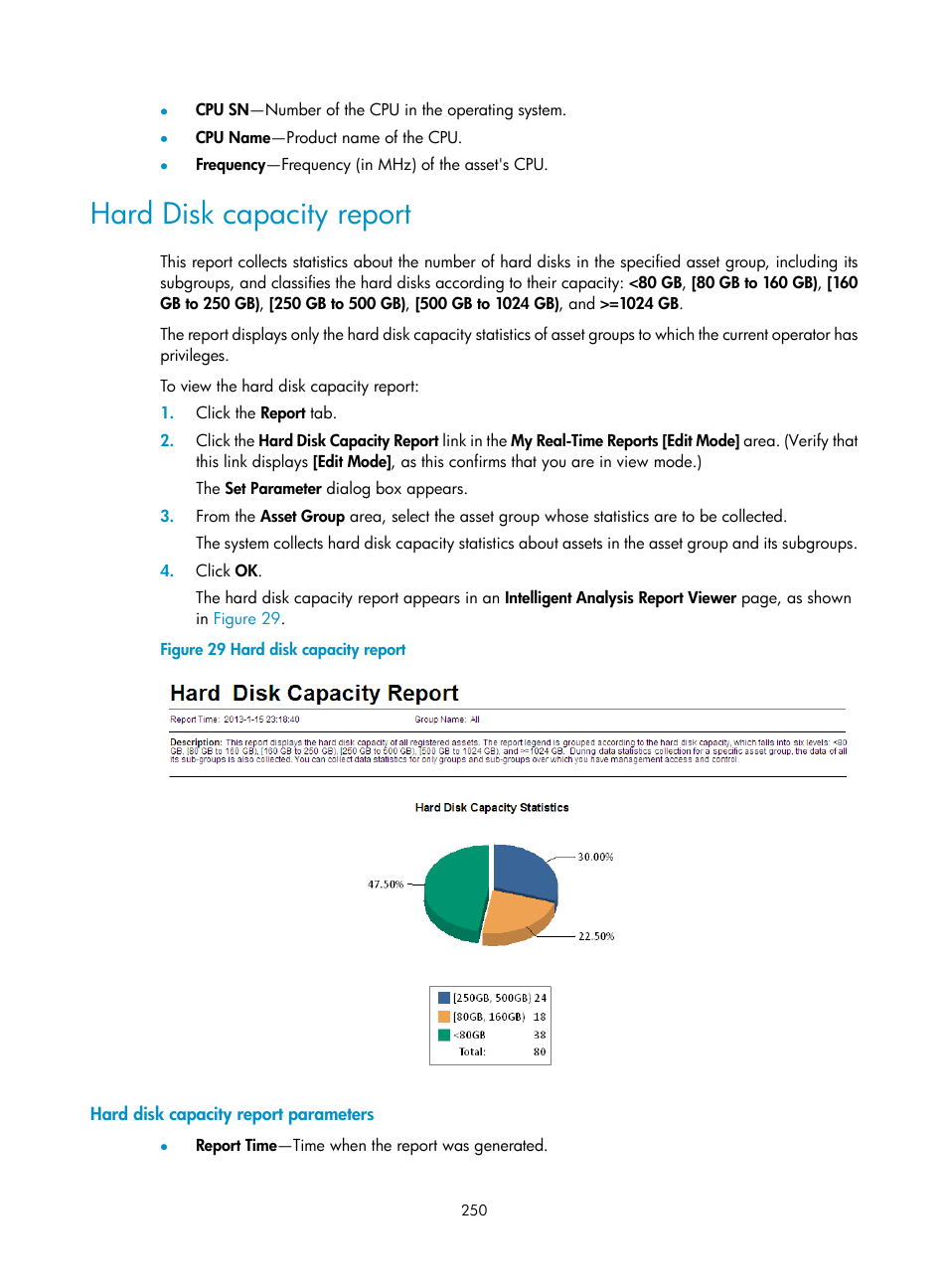 Hard disk capacity report, Hard disk capacity report parameters | H3C Technologies H3C Intelligent Management Center User Manual | Page 266 / 327